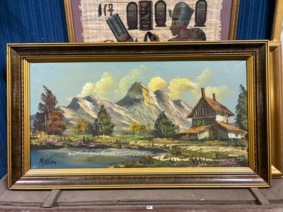 une photo d'un tableau représentant un paysage de montagne, dans un cadre doré