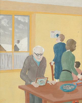 a painting of a group of people sitting at a table