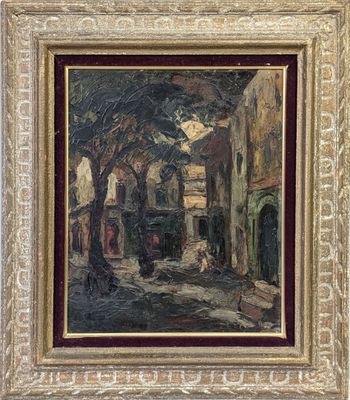 une peinture à l'huile d'une scène de rue avec une voiture à cheval