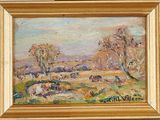 an oil painting of a landscape with cows grazing in a field