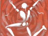 une peinture rouge et blanche représentant un squelette pris dans un tourbillon en spirale