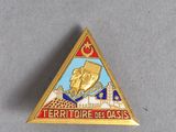a close up of a triangle shaped pin with a picture of a man on a horse