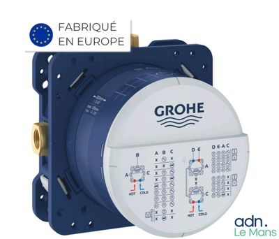 un gros plan d'une horloge posée sur une surface blanche, avec l'inscription « Grohe » au-dessus