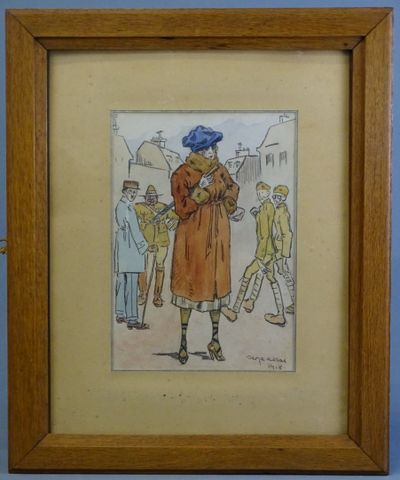 École Française début 20ème « Soldats et femme ». Crayon et aquar...