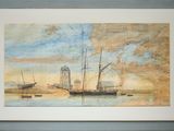 une image d'un tableau représentant un bateau dans l'eau