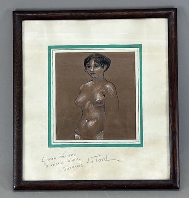 tableau représentant une femme nue, dans un cadre marron bordé de vert