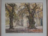 tableau représentant deux arbres devant un bâtiment, dans un cadre