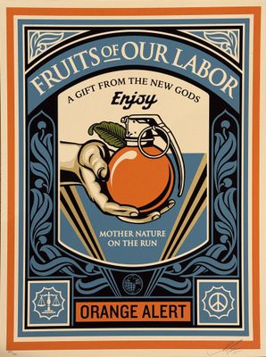 an orange label with a hand holding an apple in it