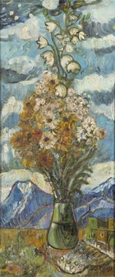 a painting of flowers in a vase on a table