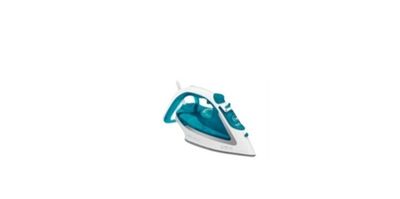 a white and blue iron sitting on top of a white surface