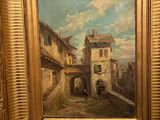 an oil painting of a street scene in a gold frame