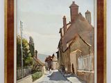 an oil painting of a street scene with a horse drawn carriage