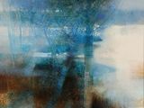 an abstract painting of a tree in a blue vase