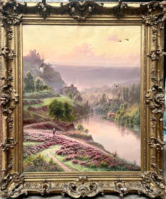 peinture d'un paysage avec une rivière et un château au loin