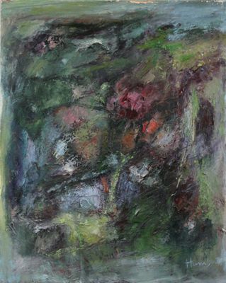 an oil painting of a painting of flowers in a vase on a table