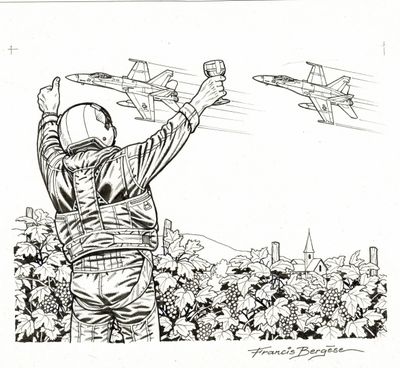 dessin représentant un homme en combinaison spatiale pilotant un avion au-dessus d'un champ de vignes