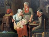 a painting of a group of people sitting around a table with a baby