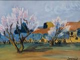 painting of a painting of a house and trees in a field