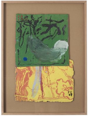 a painting of a bird sitting on top of a yellow and green blanket