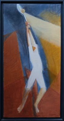 a painting of a man holding a tennis racquet