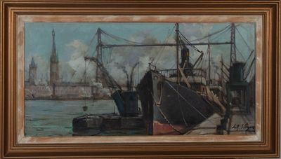un tableau représentant un bateau dans un port, avec une tour horloge en arrière-plan
