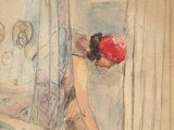 painting of a woman sitting on a bed with a red ball in her hand