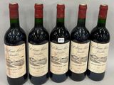 six bouteilles de vin sont alignées sur une table