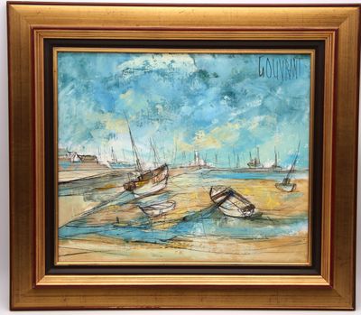 une peinture à l'huile représentant des bateaux sur une plage, avec le ciel en arrière-plan