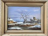 an oil painting of a snowy landscape with a house and a tree
