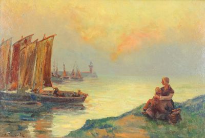 tableau représentant un couple assis sur un rocher au bord de l'eau