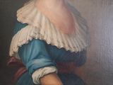a painting of a woman in a blue dress with a white collar