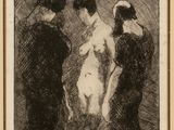 an image of a black and white drawing of three people