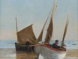 two boats that are sitting on the sand by the water