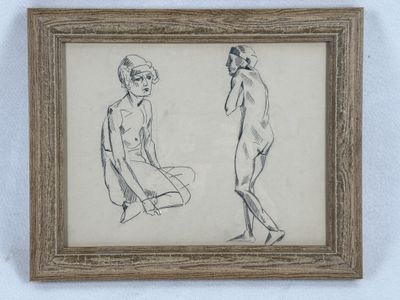 two drawings of a man and a woman sitting on the ground