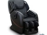 the massage chair is black and has a brown stripe on it