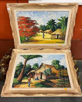 deux tableaux représentant un couple debout devant un immeuble