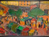 une peinture à l'huile représentant une scène de rue en ville avec des passants