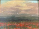 une peinture à l'huile représentant un champ de coquelicots rouges sous un ciel nuageux
