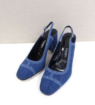 blue denim sling - on heels with pointed toe and ankle strap