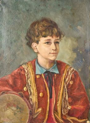 tableau représentant un jeune garçon vêtu d'une veste rouge et tenant un tambour