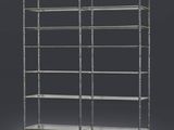 une étagère métallique comportant quatre tablettes, avec quatre tablettes de chaque côté