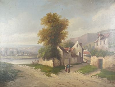 un tableau représentant un homme et une femme marchant sur une route