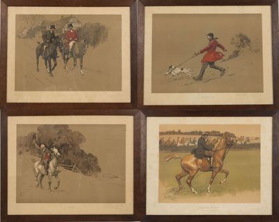 four framed pictures of men riding horses and a dog on a leash