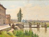 painting of a painting of a bridge over a river with a building in the background