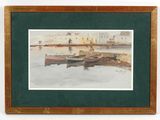framed watercolor painting of boats in a harbor with buildings in the background