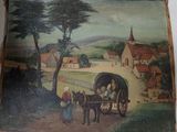 une peinture accrochée au mur d'une maison représentant un cheval tirant une charrette