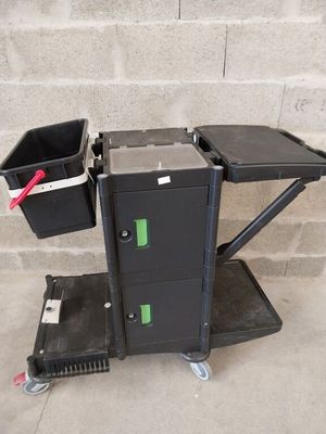 a black cart with two bins and a black trash can