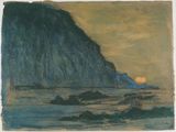 une image représentant une peinture d'une montagne avec un coucher de soleil en arrière-plan