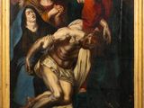 a painting of a painting of a man on a cross with other people around him