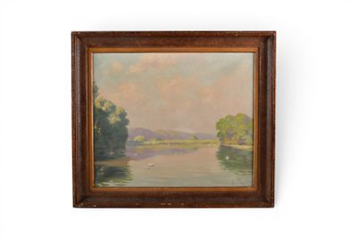une peinture à l'huile représentant une scène de rivière avec un bateau dans l'eau